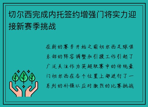 切尔西完成内托签约增强门将实力迎接新赛季挑战